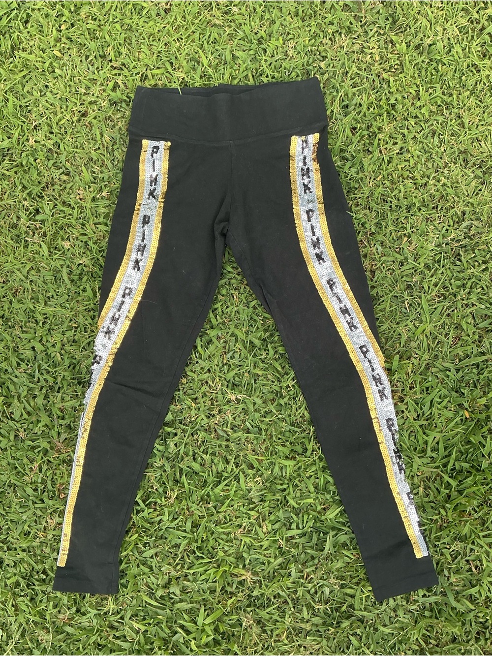 Vintage PINK Victoria's Secret Black Leggings with Gold & Silver Sequin